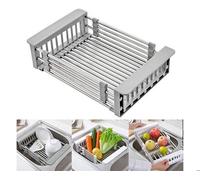 Égouttoir à vaisselle rétractable en acier inoxydable, panier de vidange télescopique avec accoudoir réglable, panier de vidange