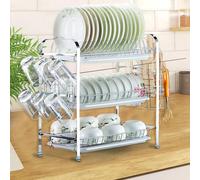 Égouttoir de cuisine, double égouttoir de haute qualité, trois niveaux et trois plateaux - Égouttoir à vaisselle en acier inoxydable avec égouttoir pour assiettes, bols et tasses pour étagère de cuisi