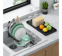 Égouttoir extensible avec bac de récupération en silicone, conçu pour être au-dessus de l'évier avec un porte-couverts, adapté aux éviers de cuisine de 35 à 48 cm (14 à 19 pouces).