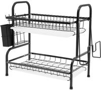 Égouttoir - Support de vaisselle à 2 niveaux - Acier au carbone - Bac de récupération - Support de planche à découper - Support de bol - Jusqu'à 10 kg - 42×23,5×39 cm - Noir