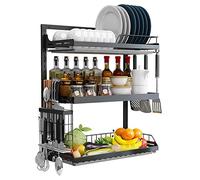 Égouttoirs À Vaisselle Égouttoir À Vaisselle Mural en Acier Inoxydable,Égouttoir De Cuisine avec Bac De Vidange,Couteau De Rangement Et Porte-Baguettes,Black/65 * 25 * 57Cm