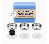 EHOP Porte Savon Aimanté Mural - Lot de 3 - Douche - Ventouse sans Perçage | Capsule inox + aimant protégé - Savon toujours sec - Sans perçage - Salle de bain & cuisine - Fabriqué en France