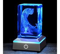 Eicxjui Veilleuse 3D en cristal avec base LED multicolore en verre gravé au laser - Figurines de tigre blanc - Cadeau pour garçons et filles - Décoration de chambre d'anniversaire ou de Noël