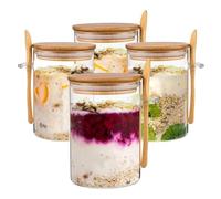 Eidoct Lot de 4 bocaux à avoine de nuit avec couvercles en bois et cuillère - Récipients de stockage en verre de 473,6 g pour farine d'avoine, pudding au chia, yaourt, salade