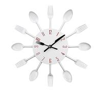 Eighosee Horloge murale de cuisine, 3D amovible moderne, couverts, cuillère, fourchette, horloge murale, miroir, autocollant mural pour chambre (blanc)