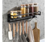 EigPluy Acier inoxydable Porte Ustensiles Cuisine avec 8 Crochets, Adhésif/Perçage 2 Façons D'installer Support Rangement Ustensiles Cuisine,40cm Mural Ustensiles Cuisine Organiseur Rack, Noir