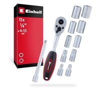 Einhell Jeu de cliquet et douilles 13 pièces 1/4" (Rallonge, Acier Chrome Vanadium, Poignée antidérapante, Support)