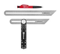 Einhell 2 pièces jeu de fausses équerres | Réglage continu | angles 22,5° à 90° | graduation mm / pouces | règles inox 190 / 270 mm | marqueur trous profonds