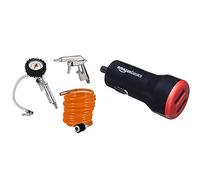 Einhell 4132741 Accessoires pour compresseur (Pistolet de gon Flage Court, Tuyau, manomètre) Set de 3 + Amazon Basics Chargeur 2 Ports USB de Voiture 4,8 Amp/24 W, Noir/Rouge