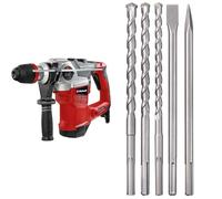 Einhell Marteau perforateur TE-RH 38 3F (1 050 W, force de frappe de 9 J, mandrin SDS Max, butée de profondeur en métal, performance de perçage de 38 mm dans le béton) + Jeu de 5 forets et burins