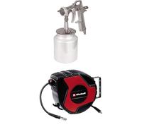 Einhell Pistolet à pulvérisation de Peinture à air comprimé pour compresseur (5 Bar Max, réservoir 1 L, régulateur débit de Peinture et de Jet, raccord Inclus) + Dévidoir Auto