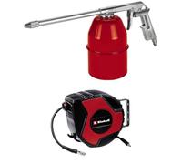 Einhell Pistolet pulvérisateur à air comprimé pour compresseur (8 Bar Max, réservoir 0,9 L, spécial Produits nettoyants et huiles légères, régulateur débit et de Jet, raccord Inclus) + Dévidoir Auto