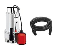 Einhell Pompe d’évacuation pour eaux chargées GC-DP 1020 N (1000 W, Profondeur 5 m, Câble 10 m, Corps en INOX) & Accessoire Kit tuyau d'aspiration noir 7 mètres avec embouts en PVC - Ø 32 mm