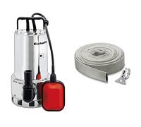 Einhell Pompe d’évacuation pour eaux chargées GC-DP 1020 N (1000 W, Profondeur 5 m, Câble 10 m, Corps en INOX) & Kärcher 2.997-100.0 KIT TUYAU PLAT EN TEXTILE 10M ET COLLIER DE SERRAGE, Gris
