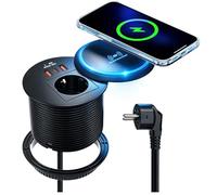 Eirolace 4 in 1 Prise encastrable avec Chargeur sans Fil 15W, Prise Encastrable mit USB C A PD 20W Plan de Travail, Bloc Prise Escamotable pour Meubles, Cuisine, Bureau 2M Câble, Diamètre 80mm, Noir