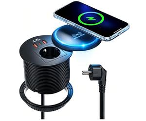 Eirolace 4 in 1 Prise encastrable avec Chargeur sans Fil 15W, Prise Encastrable mit USB C A PD 20W Plan de Travail, Bloc Prise Escamotable pour Meubles, Cuisine, Bureau 2M Câble, Diamètre 80mm, Noir