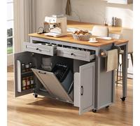eisaro Ilot de cuisine mobile 120 x 40-75 cm avec plan de travail extensible et prises, chariot de cuisine avec USB-C, compartiment poubelle et 7 roulettes (4 verrouillables), gris, pour petites