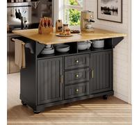 eisaro Zone de travail étendue : îlot de cuisine extensible sur roulettes 120 x 40 (80) x 95 cm, buffet noir avec tiroirs, portes, porte-serviettes et étagère à épices