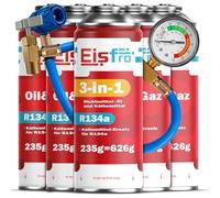 Eisfro 3-en-1 - Recharge Climatisation Auto R134a avec Huile et Stop-Fuite + 4X R134a 235 g + Tuyau - Lot pour Remplissage Autonome de Climatisation Automobile