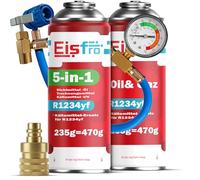 Eisfro - Kit Recharge Climatisation R1234yf - Fluide Réfrigérant 5en1 XL avec Huile, Scellant, Colorant UV et Déshydratant + Gaz de Remplacement R1234yf 235 g, avec Adaptateur AZ et Tuyau