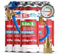 Eisfro - Kit Recharge Climatisation R1234yf - Fluide Réfrigérant 5en1 XL avec Huile, Scellant, Colorant UV et Déshydratant + 4X Gaz de Remplacement R1234yf avec Huile 235 g, Tuyau et Adaptateur