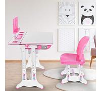 Ejoyous Ensemble Table et Chaises Roses en MDF et Tuyaux en Acier, Ensemble de Table d'étude avec Siège Ergonomique, Tiroir Coulissant et Pot Suspendu pour Enfants, Lecture, Dessin, écriture