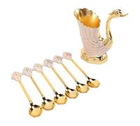 Ejoyous Porte-cuillère à café Cygne, Ensemble de Porte-cuillère à café en Alliage doré avec 6 Cuillères, Design Cygne 3D, Organisateur de Table et Ensemble de Cuillères à Dessert pour les Goûters à