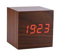 Ejoyous Réveil Numérique LED, Horloge Cube Horloge en Bois Horloge de Table avec Alarmes Mode Commande Vocale et Mode Toujours Lumière pour Chevet Chambre Bureau 6X6X6cm(Bois Brun + lumière Rouge)