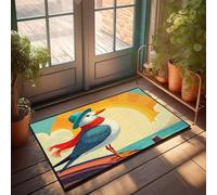 EJXN Pario Tapis de bain avec nœud antidérapant | Une mouette portant un chapeau et une écharpe se tient sur un bateau au coucher du soleil en plastique/tapis de porte d'entrée pour entrée extérieure