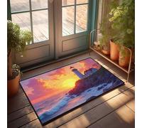 EJXN Tapis de douche vintage | Tapis de bain antidérapant doux pour la peau et imperméable en peluche confortable Coucher de soleil au phare : une scène côtière sereine / tapis d'entrée amusant (65 x