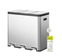 EKO EcoCasa Poubelle de recyclage 20 L + 20 L + 20 L en acier inoxydable à 3 compartiments avec pédales individuelles pour le tri des déchets de cuisine, seaux intérieurs et poignées en plastique,