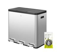 EKO Essential Poubelle à 3 compartiments, 3 x 20 l, système de tri sélectif, poubelle de cuisine, avec 20 sacs poubelles, grande capacité avec couvercle, fermeture douce et hermétique, en acier