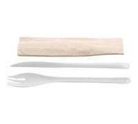EKO Kit couvert blanc 4 en 1 en CPLA : couteau + fourchette + cuillère + serviette kraft 500 unités Betik Blanc