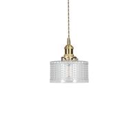 EKSED Lampe suspendue en laiton avec abat-jour en verre à rayures verticales, interrupteur rotatif et cordon tressé doré - Luminaire plafonnier suspendu (Nervures transparentes)