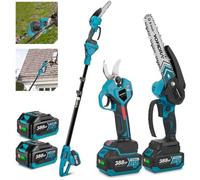 Elagueur sur perche et élagueuse sur batterie avec manche télescopique, 4 en 1 sans brosse 8 pouces tronçonneuse sur batterie 30mm élagueuse sur batterie avec manche télescopique de 1.77m, 2x batterie