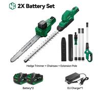 Élagueuse et coupe-haie sans fil - Outil de jardinage à batterie - Moteur sans balais - 2 batteries - Tige télescopique - Pour les branches hautes - Prise européenne
