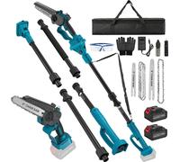 Élagueuse télescopique 2 en 1 - Tronçonneuse/sécateur sans fil - Moteur sans balais - Batterie 21 V 4000 mAh incluse - Guide-chaîne 15/20 cm - Longueur réglable - Bleu