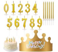 Elalove 23pcs Bougies Anniversaire Chiffre 0-9 + 6 Dorées + Chapeau de Fête - Set Complet pour Adulte & Enfant - Bougie Numéro pour Gâteau