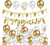 Elalove Ballons Decoration Anniversaire 30pcs Blanc Or - Banderole Joyeux Anniversaire et Guirlande - Happy Birthday Decoration Adulte Enfant Fille Garçon