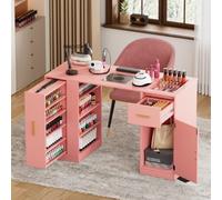 Elancee Table Manucure avec Aspirateur, Bureau Onglerie Professionnel 108 cm, Vitrine avec 9 Étagères, Tiroirs, Étagère, Moderne pour Salon de Beauté,Rose