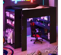 ELANDEPOT Lit mezzanine 140 cm × 200 cm noir Éclairage LED recharge USB bureau armoire rangement échelle solution pratique et durable