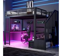 ELANDEPOT Lit mezzanine 140 cm × 200 cm noir Éclairage LED recharge USB bureau armoire tiroirs rangement solution pratique et durable