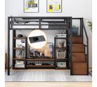 ELANDEPOT Lit mezzanine 251 × 146 × 174 cm noir station de charge intégrée rangement échelle gestion des câbles portes