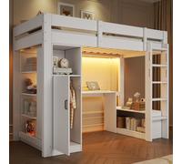 ELANDEPOT Lit mezzanine 90 cm × 200 cm blanc Éclairage LED recharge USB bureau armoire rangement étagères solution pratique et durable