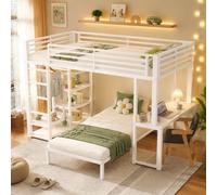 ELANDEPOT Lit superposé 90x200 cm, blanc, avec bureau, ports USB, étagères, rangement pour vêtements, structure en métal, conforme à la norme EN747. Lit pour enfants et adolescents, 2 places