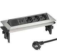 Elbe Inno® Versenkbare Tischsteckdose für Die Arbeitsplatte (3 Steckdosen & 2 USB), Mehrfachsteckdose mit Halbautomatischer Deckel für Büro, Einbausteckdose aus Aluminium in Schwarz-Grau Optik