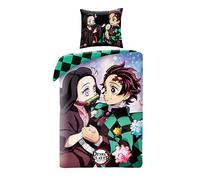 Elbenwald Anime Literie Demon Slayer avec Motif Nezuko & Tanjiro avec Fermeture éclair pour Hommes Femmes Unisexe Couverture 135 x 200 cm et Oreiller 80 x 80 cm Coton Multicolore