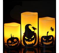 Eldnacele Lot de 3 bougies piliers à LED vacillantes avec minuterie de 6 heures et autocollants en forme de citrouille, décoration effrayante pour Halloween, festival, fête