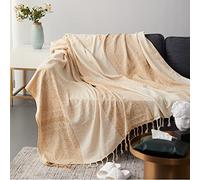 Ele Eleoption - Couvre-lit en tissu chenille Jacquard à pampilles pour canapé, fauteuil, lit, chaise - Doux - Motif tribal ethnique, ecru, 220 x 250 CM