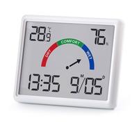 eleBite Thermomètre Hygromètre Numérique, Écran LCD, Affichage Horloge Calendrier, Format 12h 24h, Dos Magnétique, Couleur Blanche